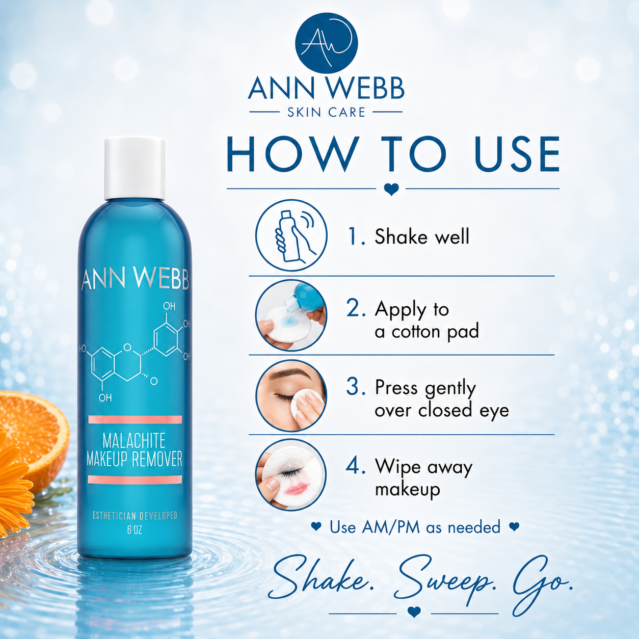 Ann Webb Skin Care Malachite Makeup Remover bottle shown next to a 'How to Use' infographic on a light blue water-themed background with an orange slice.