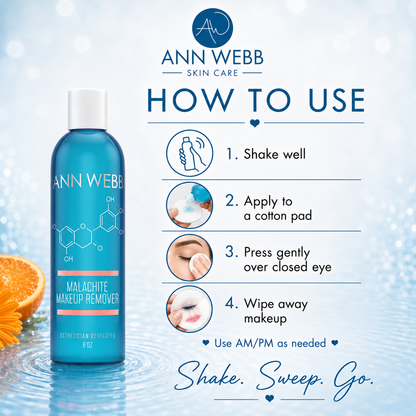 Ann Webb Skin Care Malachite Makeup Remover bottle shown next to a 'How to Use' infographic on a light blue water-themed background with an orange slice.