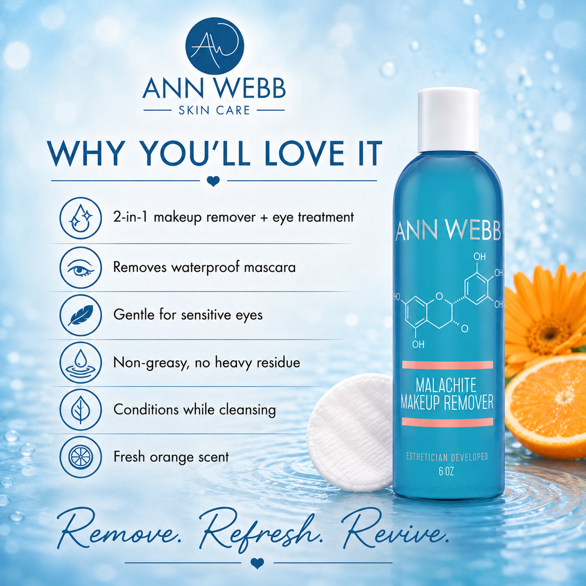 Ann Webb Skin Care Malachite Makeup Remover bottle on a light blue water-themed background with text listing benefits, plus orange flower and cotton pad props.