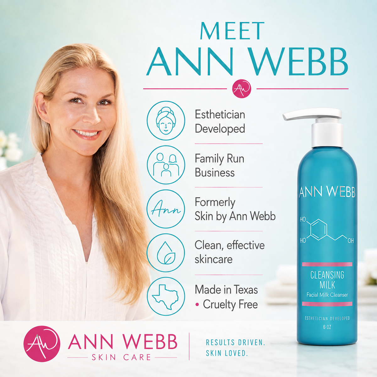 A promotional graphic for Ann Webb Skin Care featuring a smiling blonde woman on the left and a teal cleansing milk bottle on the right, with text highlighting product attributes and branding.