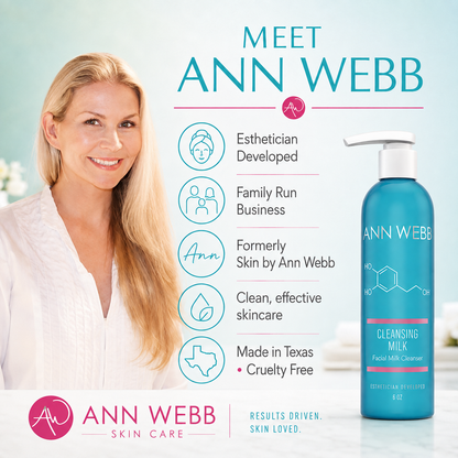 A promotional graphic for Ann Webb Skin Care featuring a smiling blonde woman on the left and a teal cleansing milk bottle on the right, with text highlighting product attributes and branding.