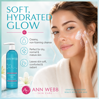 Ann Webb Cleansing Milk skincare ad showing a woman applying cream to her face next to the blue bottle, with text reading 'Soft, Hydrated Glow' and product benefits.