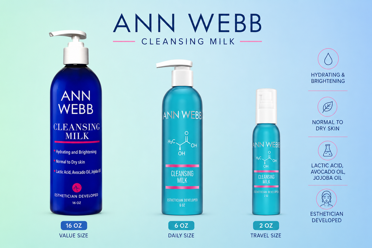 Three Ann Webb Cleansing Milk pump bottles in different sizes (16 oz, 6 oz, and 2 oz) displayed against a light blue gradient background with product details on the right.