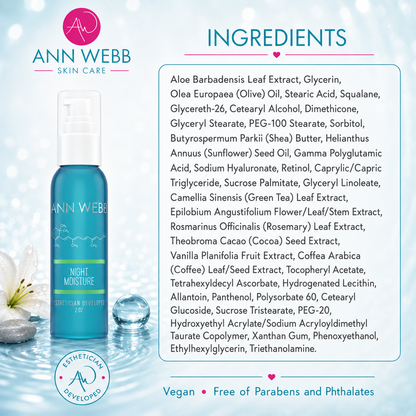 Ann Webb Skin Care Night Moisture bottle shown on a light blue background with ingredient text and certification badges. The bottle is teal with a white cap and printed branding.