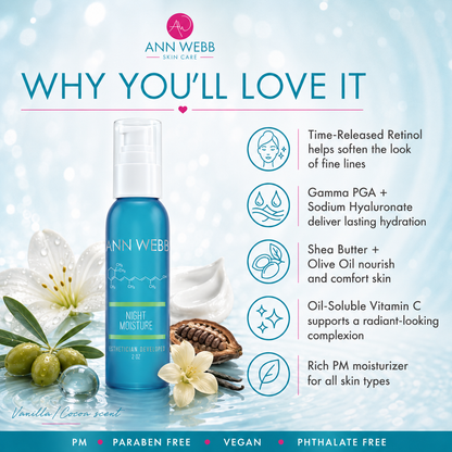 Ann Webb Skin Care Night Moisture bottle shown on a light blue promotional graphic with text callouts and botanical props including white flowers, olives, and a nut.