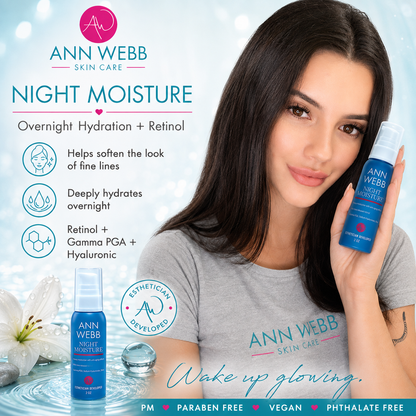 A promotional beauty ad for Ann Webb Skin Care Night Moisture, showing a woman holding a blue bottle next to another bottle on a light blue background with text callouts and product benefits.