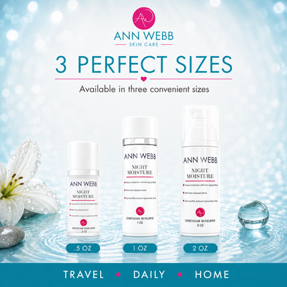 Three white bottles of Ann Webb Skin Care Night Moisture in .5 oz, 1 oz, and 2 oz sizes, displayed against a light blue water-themed background with decorative lily and bubble elements.