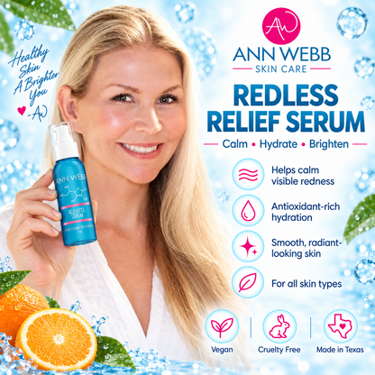 A promotional skincare graphic for Ann Webb Skin Care Redless Relief Serum. A smiling blonde woman in a white robe holds a blue serum bottle on the left, while the right side features product benefits, icons, and branding over a light blue water-themed background with citrus slices.
