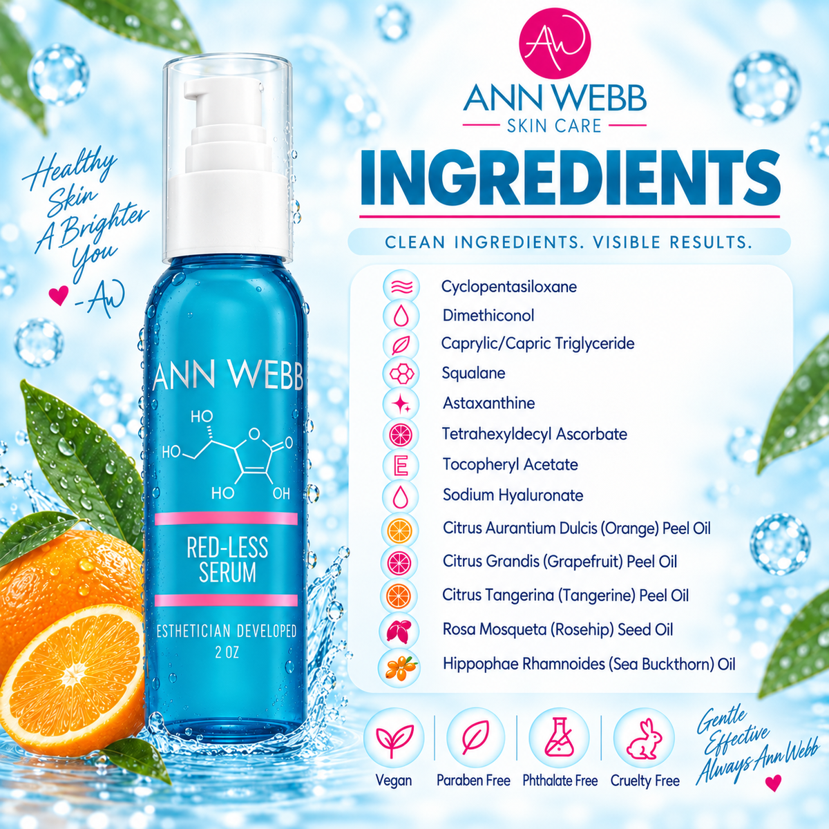 Ann Webb Skin Care Red-Less Serum in a 2 oz blue bottle with a white pump, shown on a bright blue and white graphic background with ingredient details, water droplets, and orange slices.