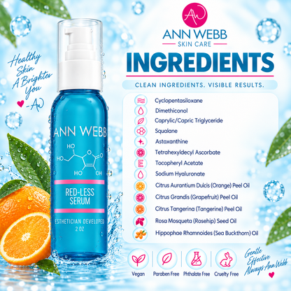 Ann Webb Skin Care Red-Less Serum in a 2 oz blue bottle with a white pump, shown on a bright blue and white graphic background with ingredient details, water droplets, and orange slices.