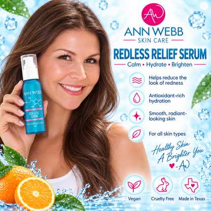 A promotional graphic for Ann Webb Skin Care Redless Relief Serum, featuring a smiling woman holding a blue bottle against a bright icy blue background with water splashes, oranges, and product benefits text.