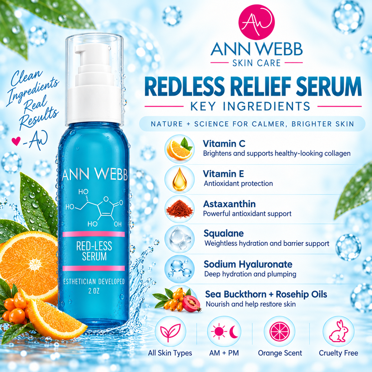 Ann Webb Redless Relief Serum bottle on a bright blue and white promotional background with water droplets, citrus slices, and ingredient callouts including Vitamin C, Vitamin E, Astaxanthin, Squalane, Sodium Hyaluronate, and Sea Buckthorn + Rosehip Oils.