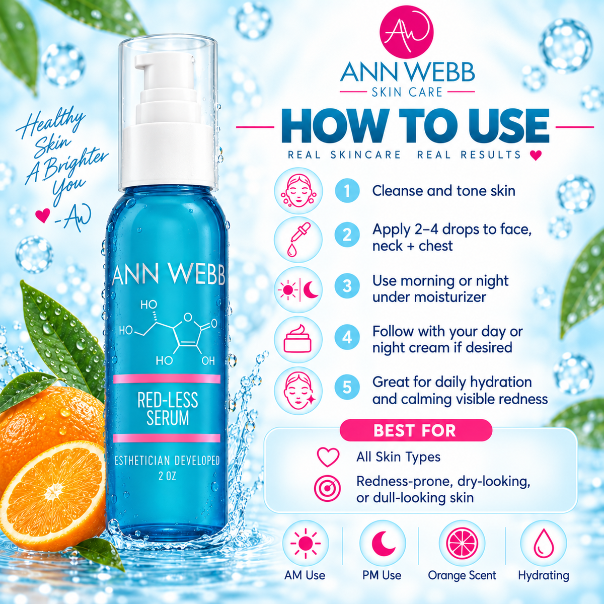 Ann Webb Red-Less Serum bottle in a clean, stylized graphic layout. The product is a 2 oz blue bottle with a white pump, set against a bright, water-themed background with an orange slice on the left.