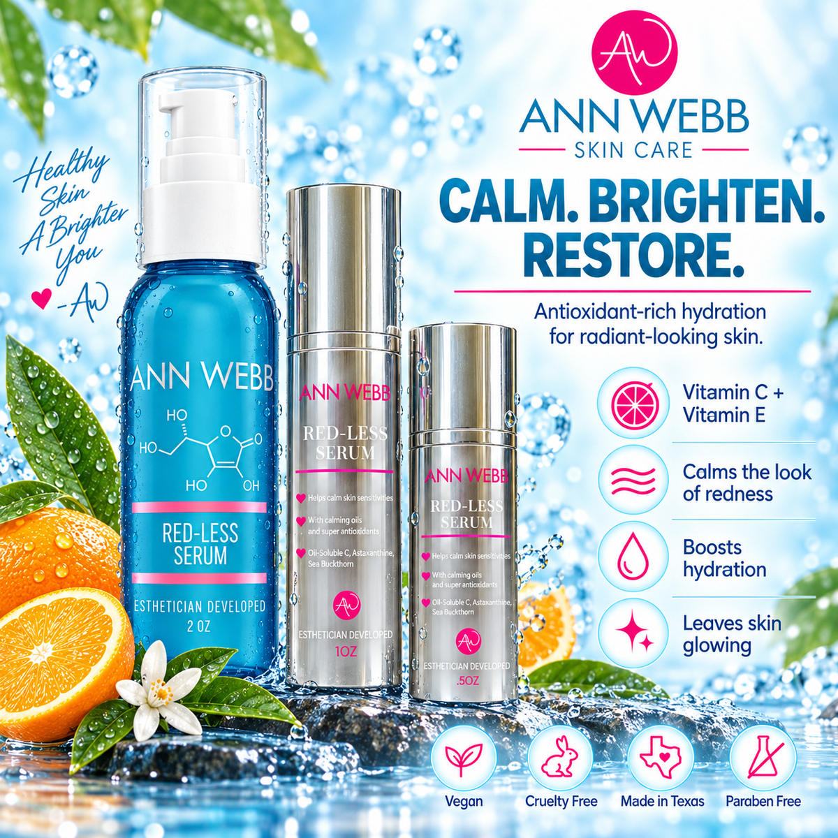Three Ann Webb Skin Care Red-Less Serum products in blue and silver packaging, displayed on a water-splash background with oranges, leaves, and product feature callouts.