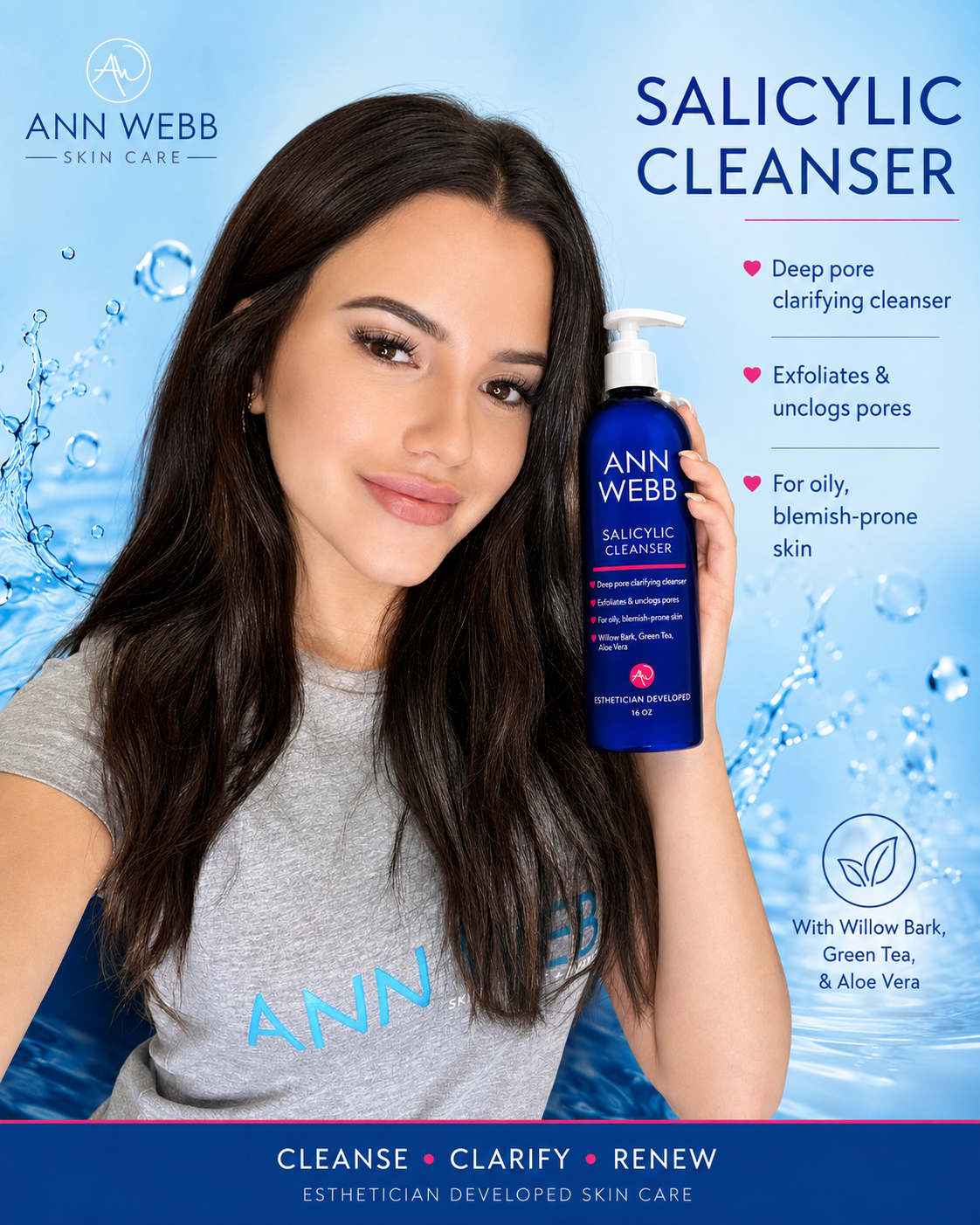 A woman holding a bottle of Ann Webb Salicylic Cleanser against a blue water-themed background with product text and benefits.
