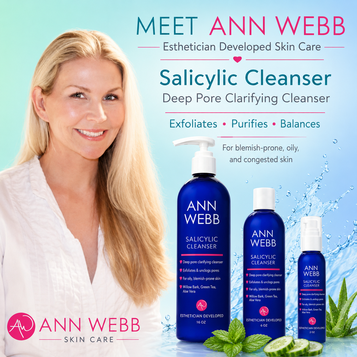 Ann Webb Salicylic Cleanser skincare set featuring three blue bottles of varying sizes with pump and spray dispensers, set against a light blue water splash background with mint leaves. A smiling blonde woman in a white robe is shown on the left side of the image with promotional text.