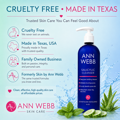 Ann Webb Salicylic Cleanser pump bottle in a blue bottle with a white pump dispenser, set against a light blue water splash background with mint leaves and cucumber slices. The left side features marketing text and icons for cruelty-free and made in Texas claims.