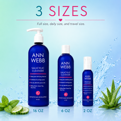 Three sizes of Ann Webb Salicylic Cleanser bottles displayed against a light blue gradient background with water splash graphics and green leaves. The image highlights three sizes: 16 oz, 6 oz, and 2 oz.
