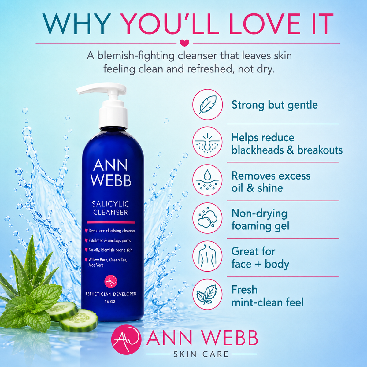 Ann Webb Salicylic Cleanser bottle in a blue pump bottle with white pump, set against a light blue water splash background with text highlighting product benefits.