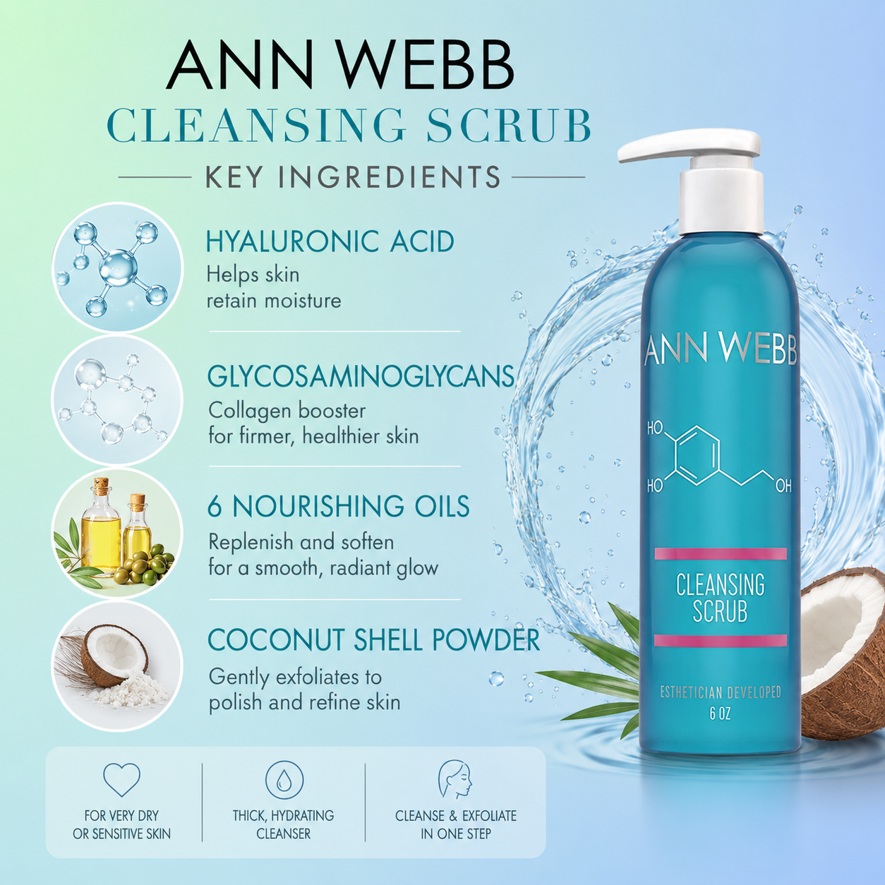 ANN WEBB Cleansing Scrub bottle on a light blue background with ingredient callouts and water splash graphics. The bottle is teal-blue with a white pump and pink label accents.