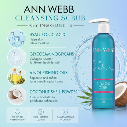 ANN WEBB Cleansing Scrub bottle on a light blue background with ingredient callouts and water splash graphics. The bottle is teal-blue with a white pump and pink label accents.