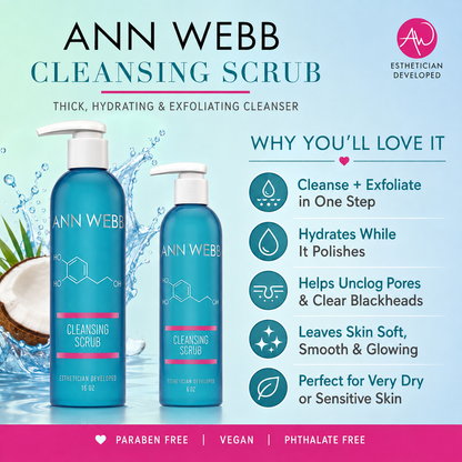 An advertisement for Ann Webb Cleansing Scrub featuring two blue bottles of the product on a light blue background with water splash graphics, alongside text detailing the benefits of the cleanser.