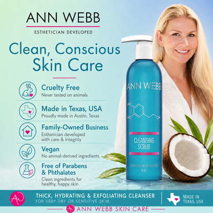 Ann Webb Cleansing Scrub in a blue bottle with a white pump, shown on a light blue promotional graphic with a smiling blonde woman in a white robe, product features text, and a Texas state icon.