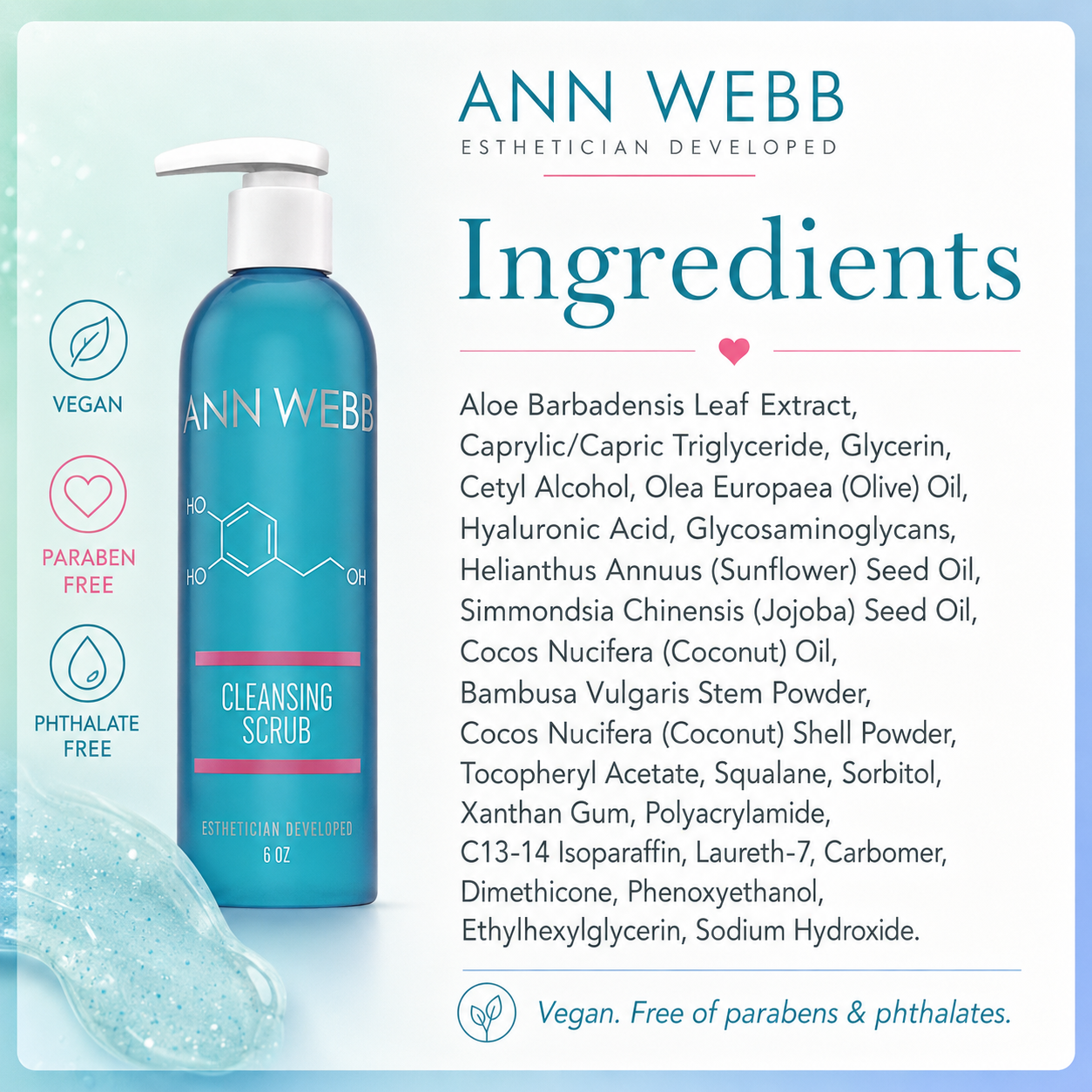 A bottle of Ann Webb Cleansing Scrub on a light blue graphic background with ingredient text and feature icons. The bottle is bright blue with a white pump and pink label accents.