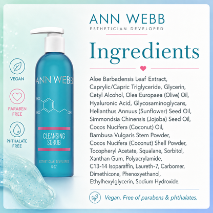 A bottle of Ann Webb Cleansing Scrub on a light blue graphic background with ingredient text and feature icons. The bottle is bright blue with a white pump and pink label accents.