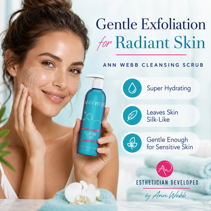 A woman with a glowing, exfoliated face holds a bottle of Ann Webb Gentle Exfoliation Cleansing Scrub. The image features promotional text highlighting the product's benefits, including 'Super Hydrating' and 'Leaves Skin Silk-Like', with a clean, bright background.