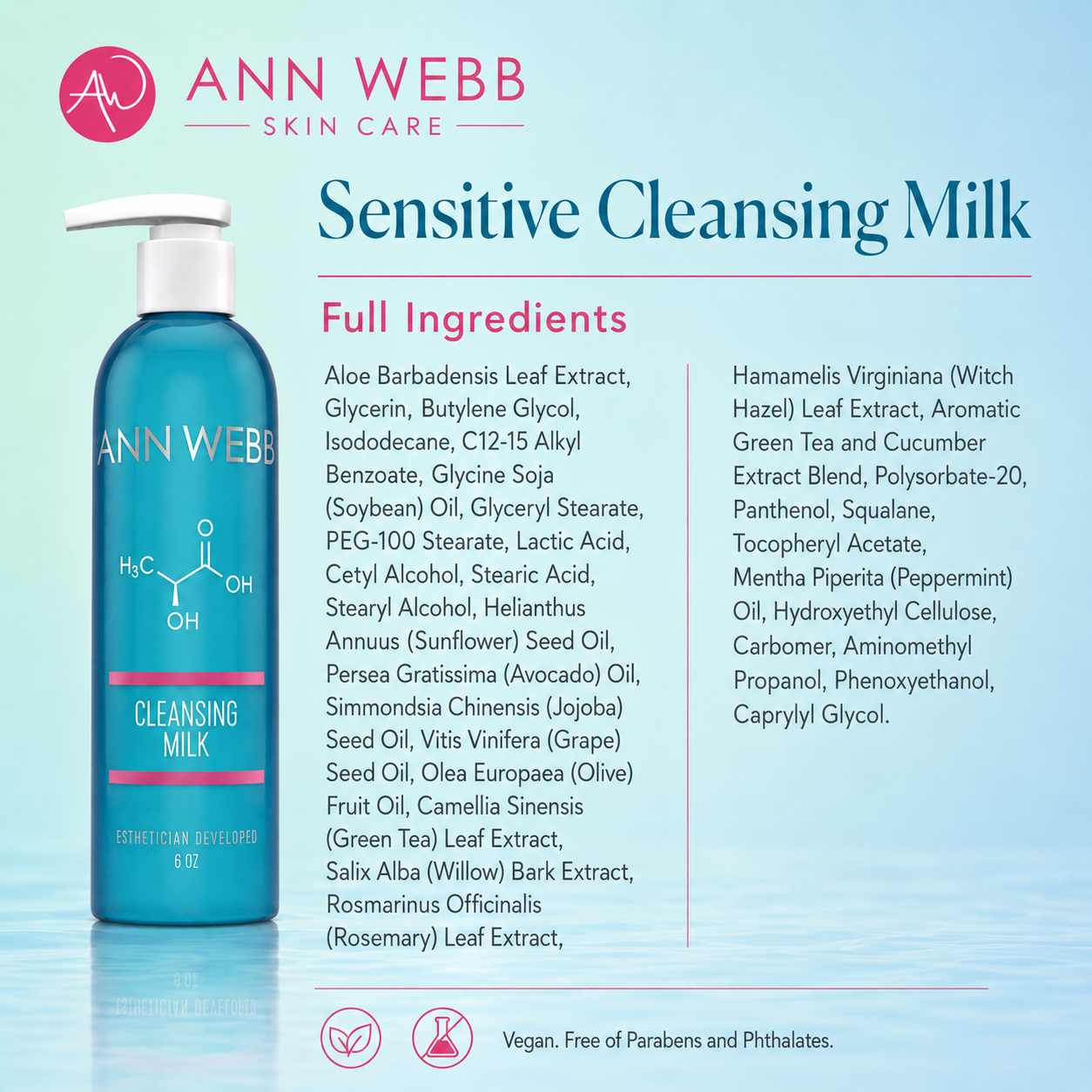 A bottle of Ann Webb Skin Care Sensitive Cleansing Milk shown on a light blue gradient background with ingredient text and product branding.