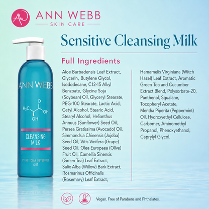 A bottle of Ann Webb Skin Care Sensitive Cleansing Milk shown on a light blue gradient background with ingredient text and product branding.