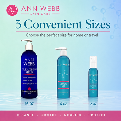 Three sizes of Ann Webb Cleansing Milk bottles displayed on a light blue gradient background with text reading '3 Convenient Sizes' and size labels 16 oz, 6 oz, and 2 oz.