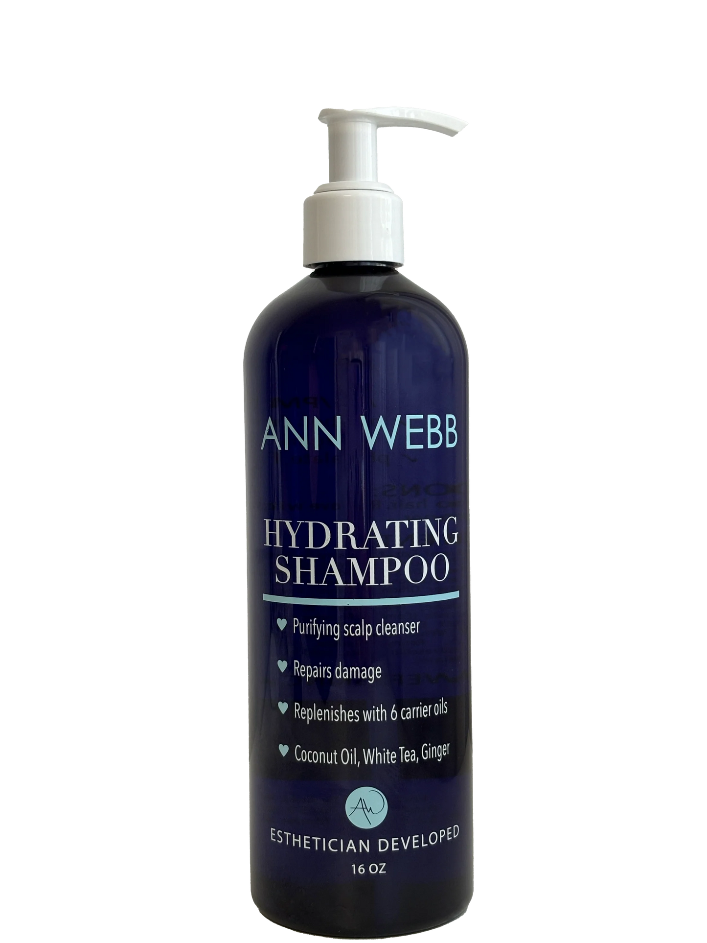 A 16 oz pump bottle of Ann Webb Hydrating Shampoo, featuring a dark navy blue bottle and a white pump dispenser, set against a plain white background.