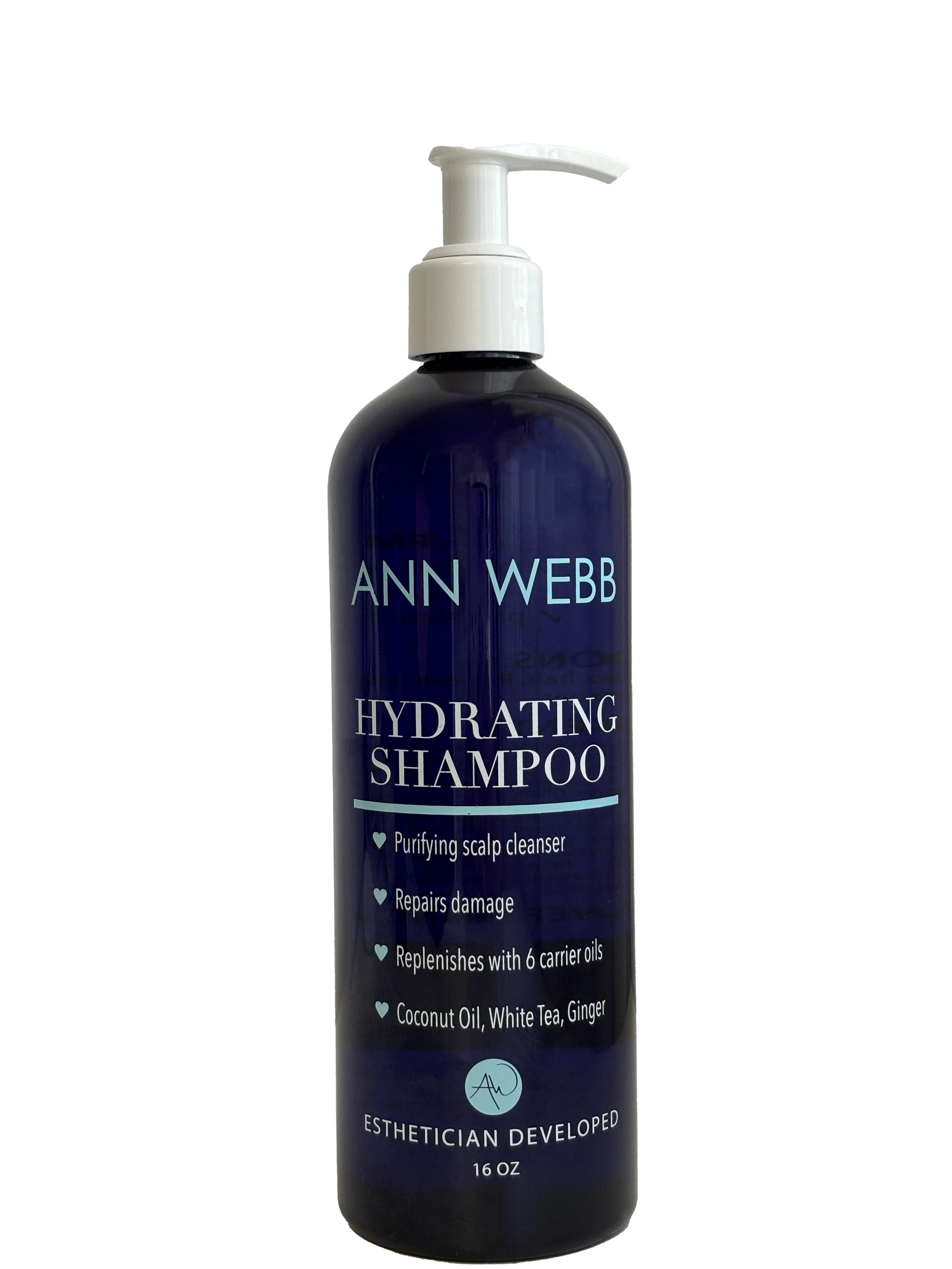 A 16 oz pump bottle of Ann Webb Hydrating Shampoo, featuring a dark navy blue bottle and a white pump dispenser, set against a plain white background.