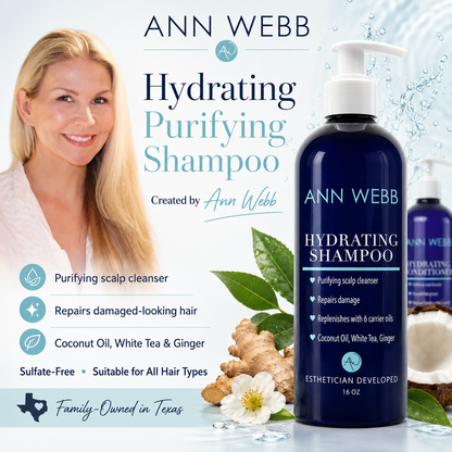 Ann Webb Hydrating Purifying Shampoo bottle in dark blue with a white pump, shown on a light blue graphic background with a smiling blonde woman, product benefits icons, ginger root, white flowers, and additional bottles.