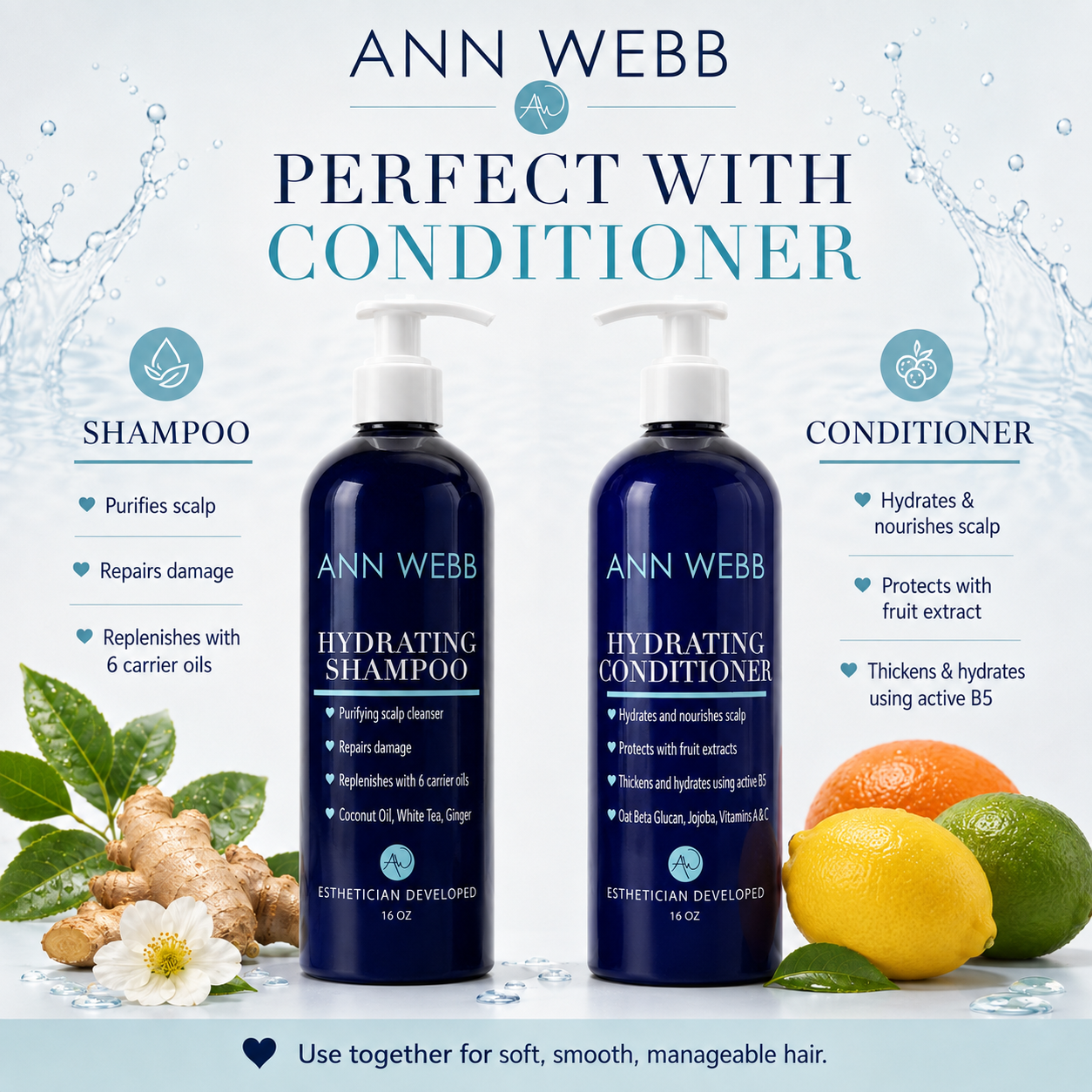 Ann Webb Perfect With Conditioner set featuring two dark blue pump bottles labeled Hydrating Shampoo and Hydrating Conditioner, with ingredient graphics including ginger, lemon, lime, and fruit on a light blue water-themed background.