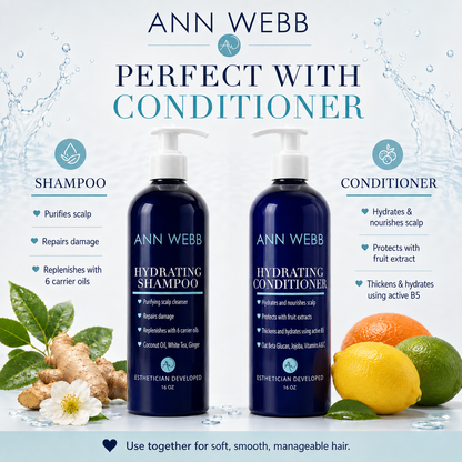 Ann Webb Perfect With Conditioner set featuring two dark blue pump bottles labeled Hydrating Shampoo and Hydrating Conditioner, with ingredient graphics including ginger, lemon, lime, and fruit on a light blue water-themed background.