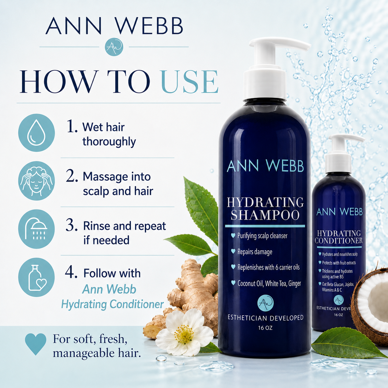 Ann Webb Hydrating Shampoo bottle shown with a larger main bottle and a smaller matching conditioner bottle on a light blue graphic background with usage steps, leaves, flowers, ginger root, and a coconut.