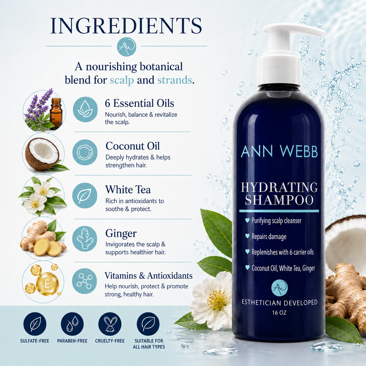 Ann Webb Hydrating Shampoo bottle on a light blue water-splash background with ingredient callouts and icons for essential oils, coconut oil, white tea, ginger, and vitamins.