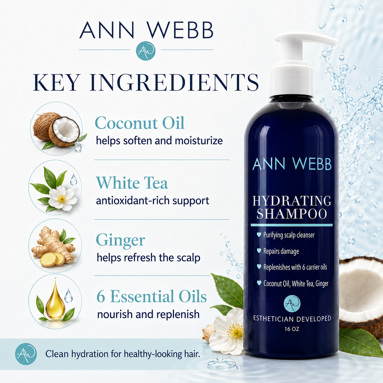 Ann Webb Hydrating Shampoo bottle shown on a light blue graphic background with ingredient callouts for coconut oil, white tea, ginger, and essential oils.