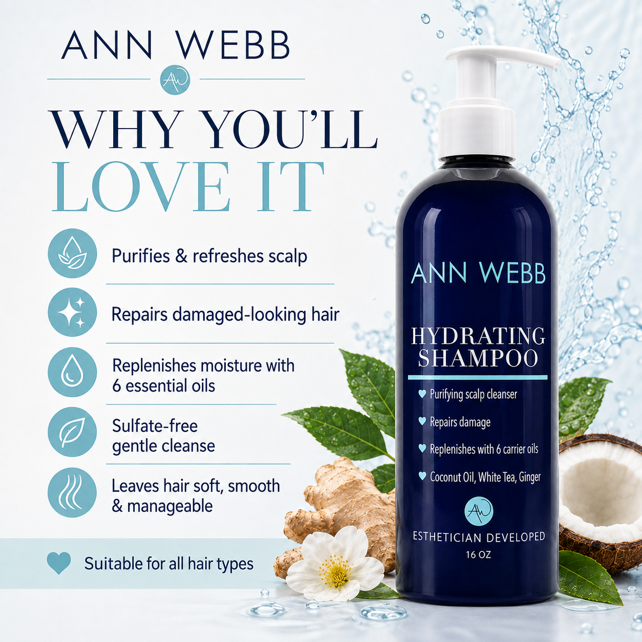 Ann Webb Hydrating Shampoo bottle in a dark blue pump container, shown with marketing text on the left, green leaves, ginger root, and a white flower on a light blue water-splash background.