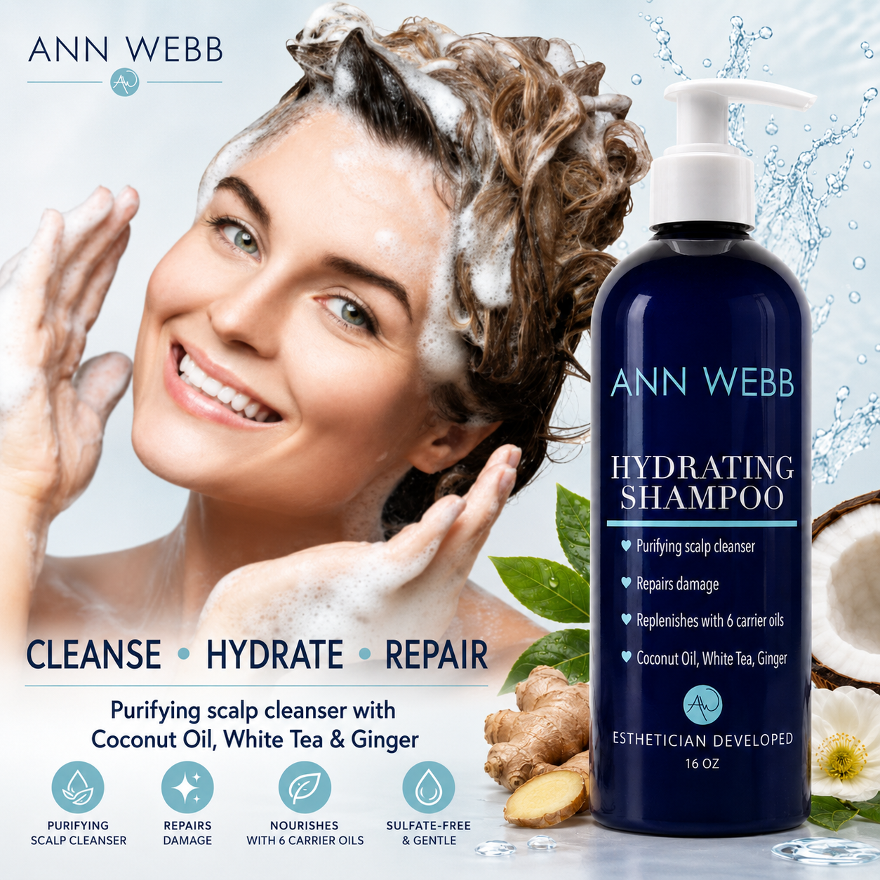 Ann Webb Hydrating Shampoo bottle shown next to a smiling woman washing her hair with lather, on a light blue graphic background with text and ingredient icons.