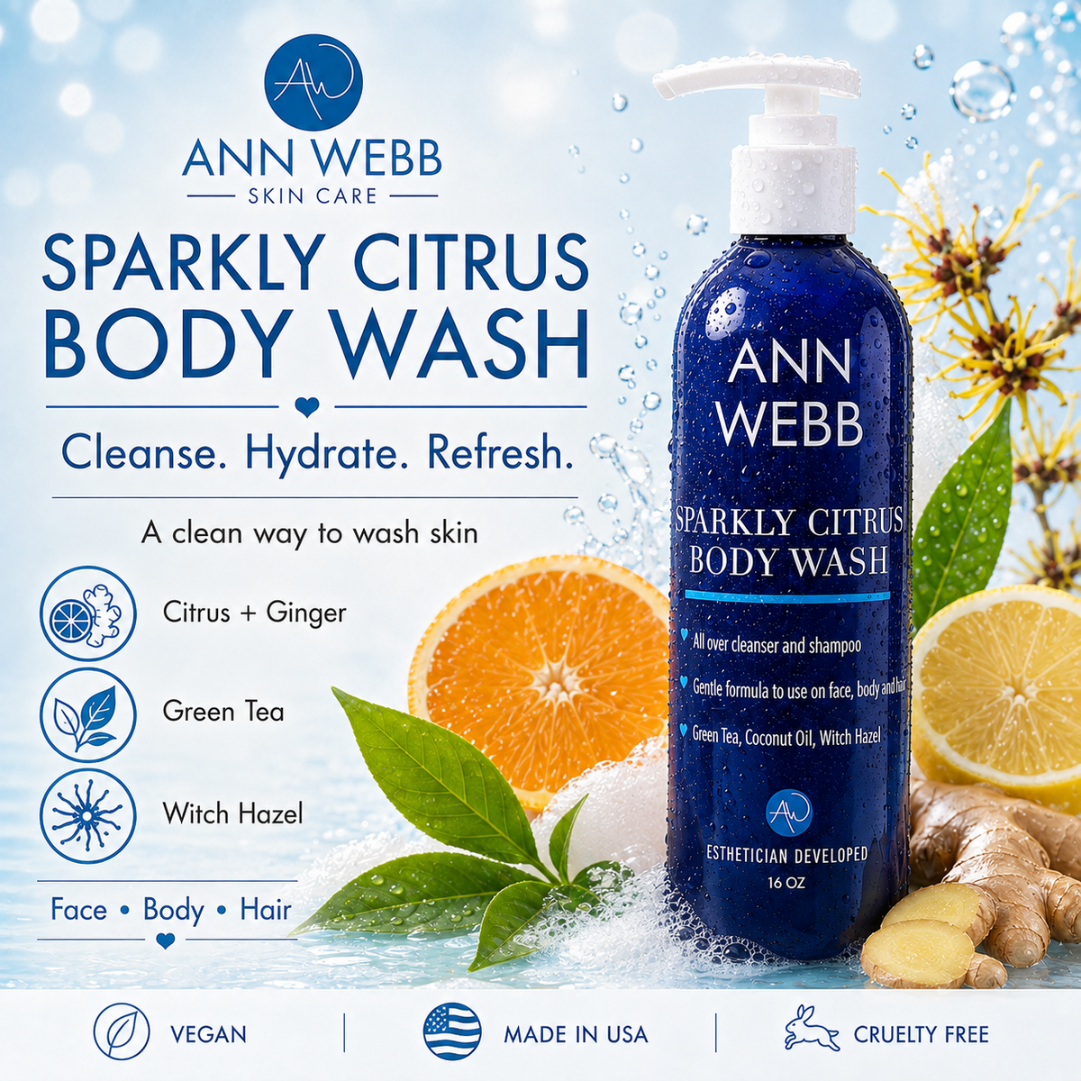 Ann Webb Sparkly Citrus Body Wash bottle shown on a bright promotional graphic with citrus slices, green leaves, ginger root, and water droplets. Text highlights citrus, green tea, witch hazel, and face/body/hair use.