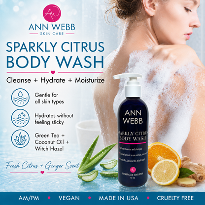 Ann Webb Sparkly Citrus Body Wash bottle shown in a promotional ad with a woman in a bubble bath, aloe leaves, orange slices, ginger, and text highlighting cleanse, hydrate, and moisturize benefits.