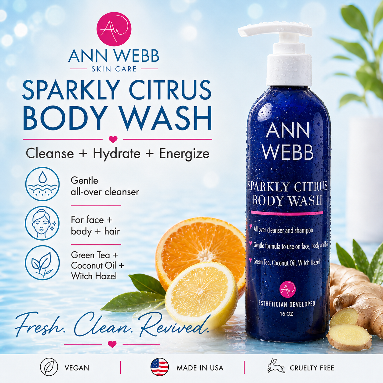 Ann Webb Sparkly Citrus Body Wash bottle shown on a bright, clean ad-style background with citrus slices, ginger root, and product callouts. The bottle is dark blue with a white pump and white text, and the image includes branding and ingredient claims.