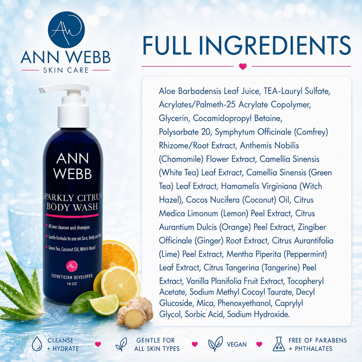 Ann Webb Sparkly Citrus Body Wash bottle shown on a branded promotional graphic with a full ingredients list, leaf and citrus props, and product feature icons.