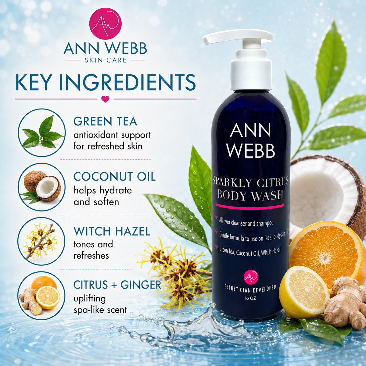 Ann Webb Sparkly Citrus Body Wash bottle shown in a styled ingredient graphic with green tea, coconut oil, witch hazel, and citrus/ginger imagery on a water-themed background.