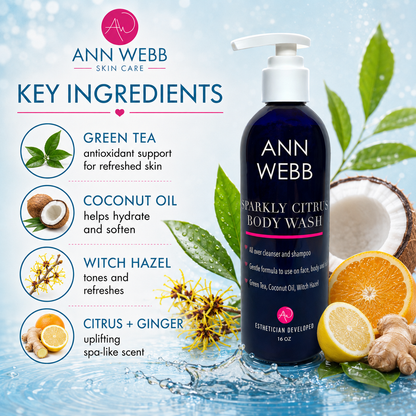 Ann Webb Sparkly Citrus Body Wash bottle shown in a styled ingredient graphic with green tea, coconut oil, witch hazel, and citrus/ginger imagery on a water-themed background.