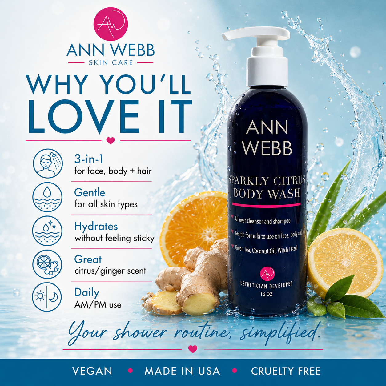 Ann Webb Sparkly Citrus Body Wash bottle shown on a bright blue splash background with oranges, lemons, ginger, and leaves, plus marketing text and icons about benefits.